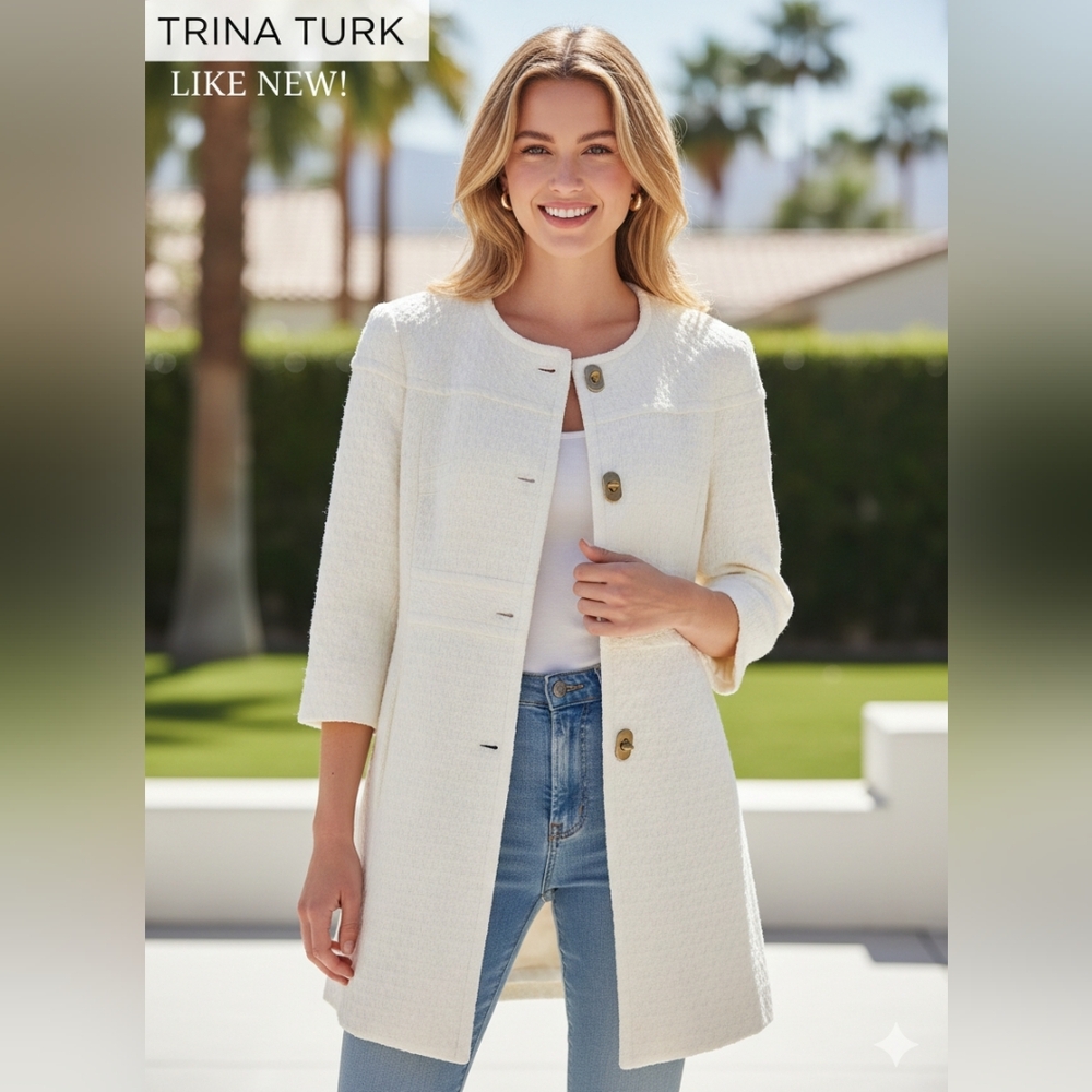 Trina Turk Ivory Textured 3/4 Lined Jacket Coat Gold Buttons Womens 4